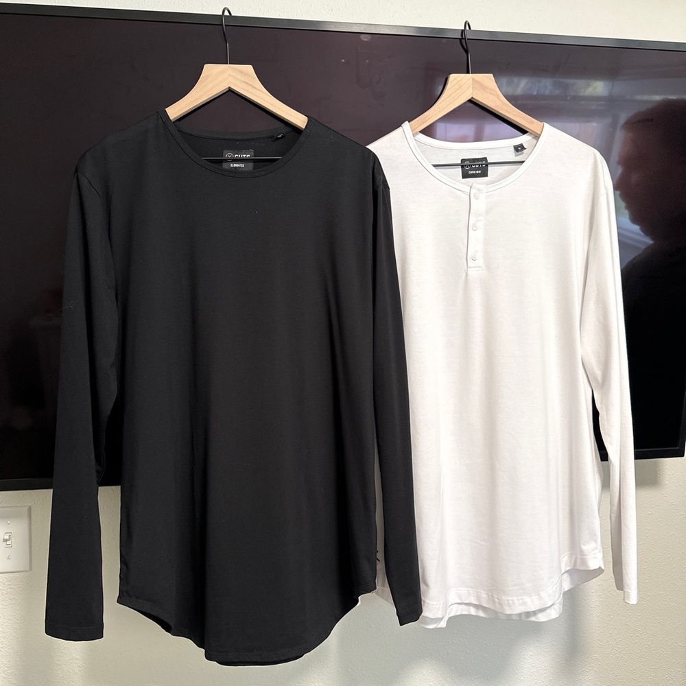 Cuts XL long sleeve curve hem black and Henley white $39 ea